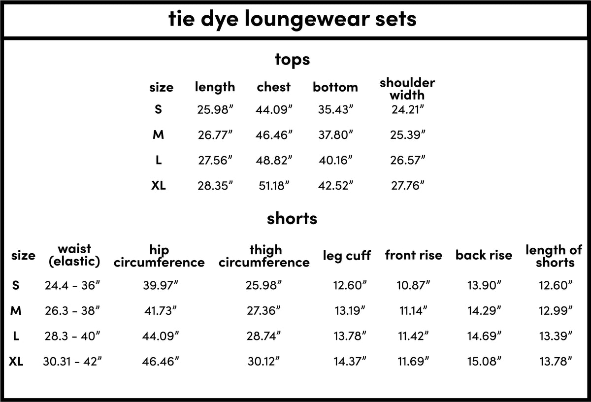 Measurement chart for loungewear sets including tops and shorts with size specifications.