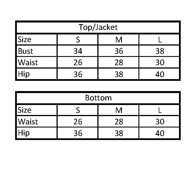 Measurement chart for Disco Cowgirl top sizes S (Bust 34, Waist 26, Hip 36), M (Bust 36, Waist 28, Hip 38) L (Bust 38, Waist 30, Hip 40).