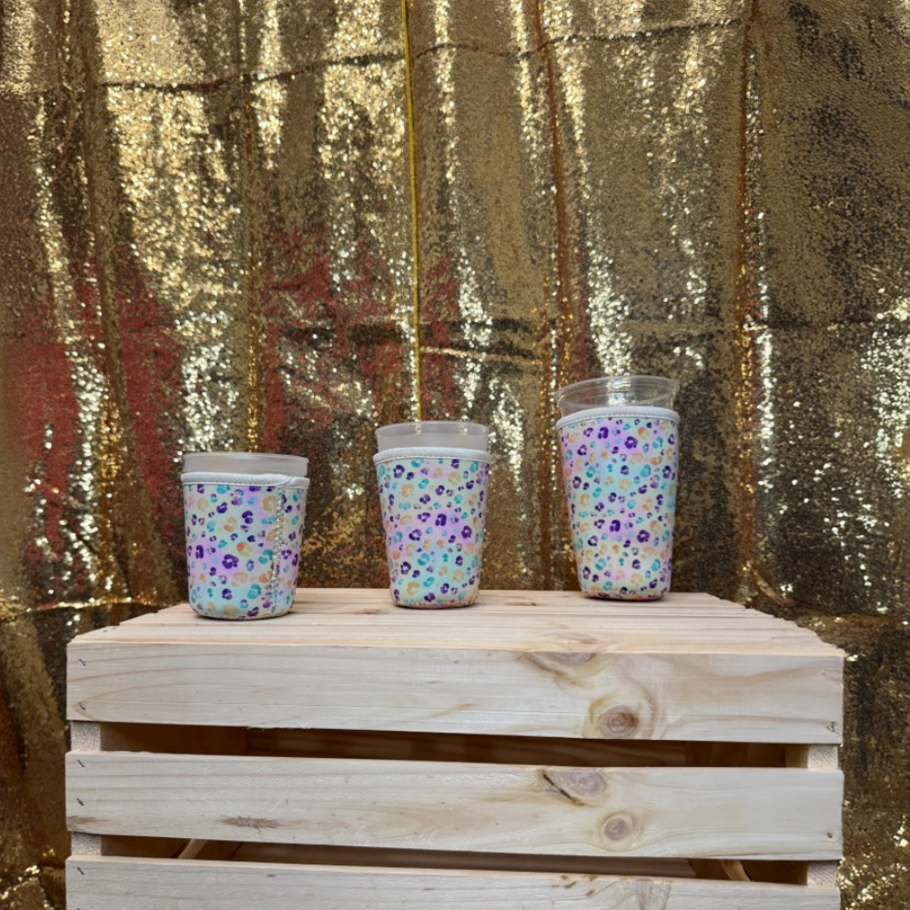 Reusable Iced Coffee Sleeve - Mardi Gras Leopard Print